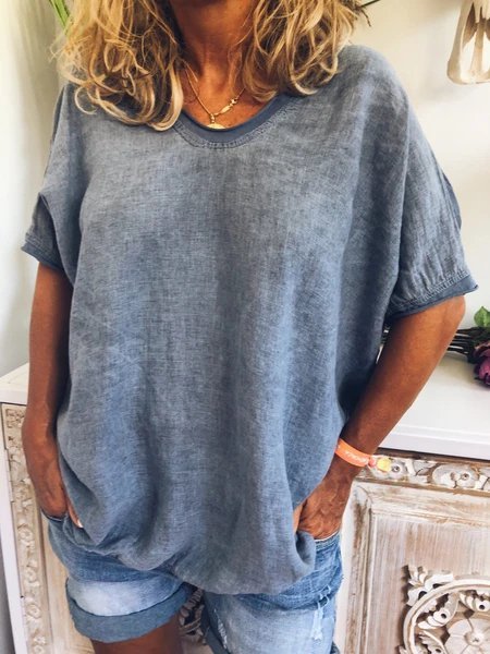 T-Shirt con Scollo a V di Cotone, Blu, Tops