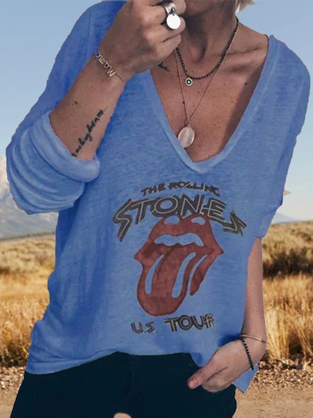 

Graphic Printed Holiday Long Sleeve V-neck Shirt, Blue, Tops