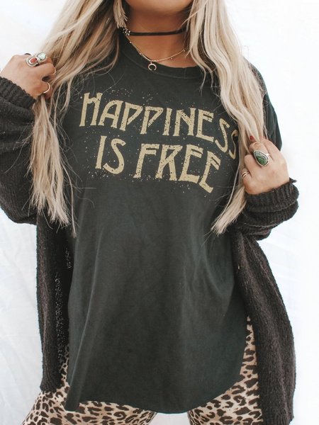 

T-Shirt a Girocollo Casuale, Nero, Tops