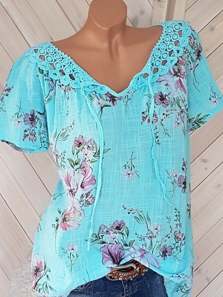 

Short Sleeve Floral Printed V Neck T-shirt, Mint, Tees & T-shirts