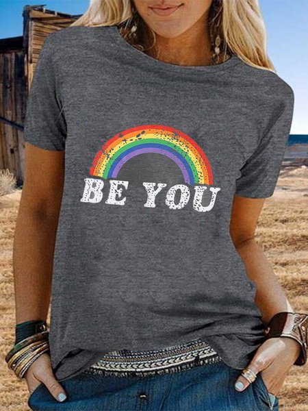 

Vintage Short Sleeve Rainbow Letter Printed Plus Size Casual Tops, Deep grey, Tops