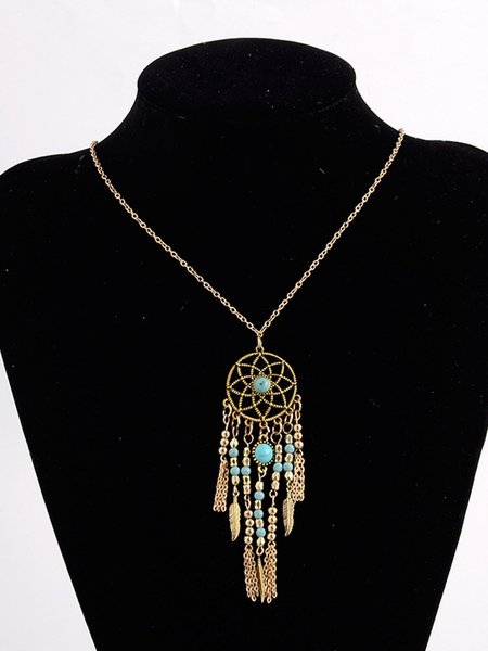 

Bohemian Dreamcatcher Necklace Turquoise Feather Tassel Necklace, Golden, Necklaces