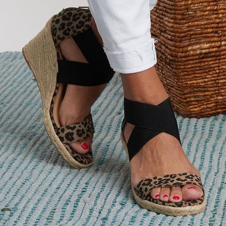 

JFN Leopard-Print Stretch-Weave Wedge Heels, Black, Sandals