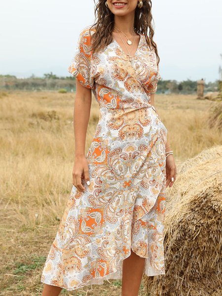 

Surplice Neck Orange Shift Printed Midi Dress, Midi Dresses