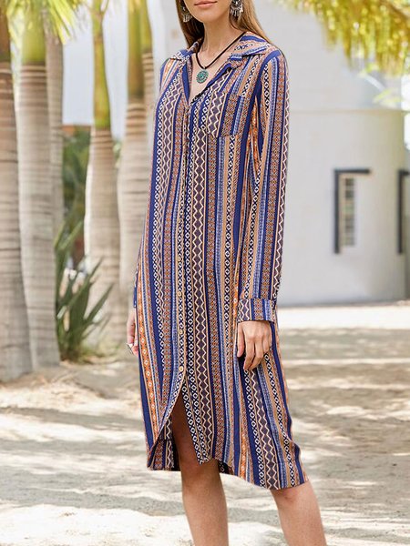 

Women Shirt Collar Ethnic Button Down Midi Dress, Pruple yellow, Midi Dresses