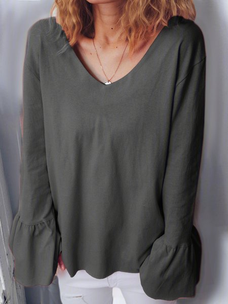 

Long Sleeve Solid V Neck Blouse, Black, Tops