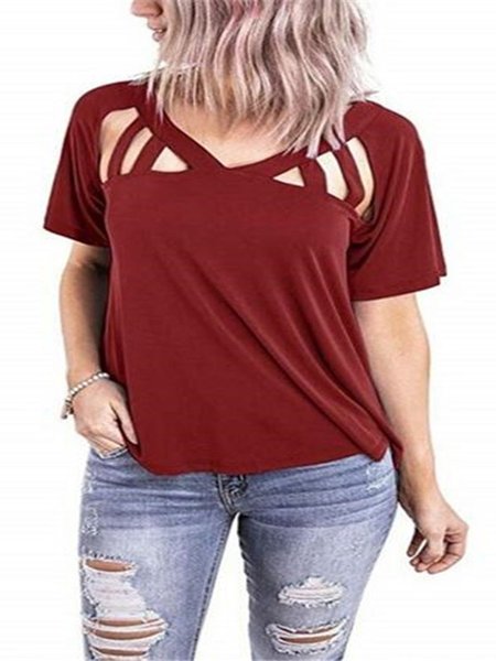 

Casual Cotton V Neck Shirts & Tops, Wine red, Tops
