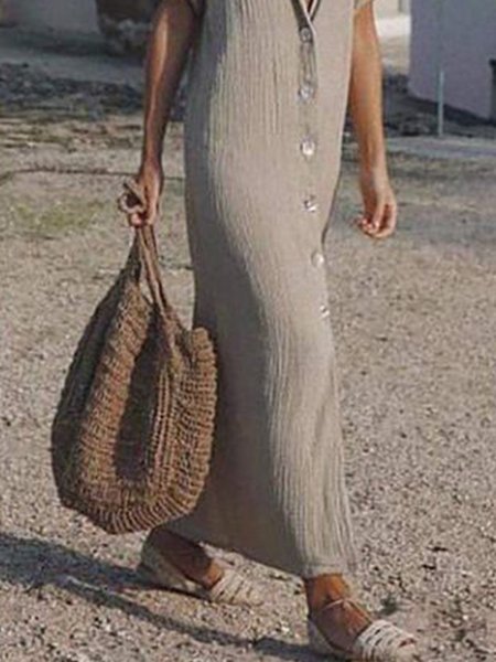 

Abito con Colletto a Camicia in Lino, Cachi, Dresses