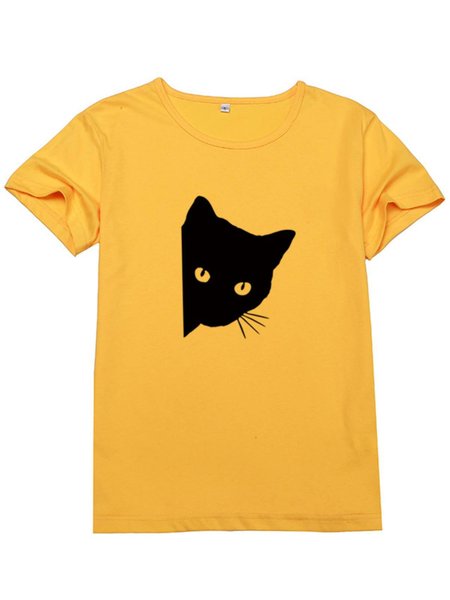 

T-Shirt Stampato Gatto Animale Casuale, Giallo, T-Shirts