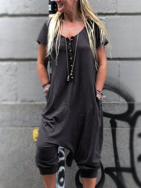 

Nero Casuale Abbottonato Girocollo tuta, Jumpsuits