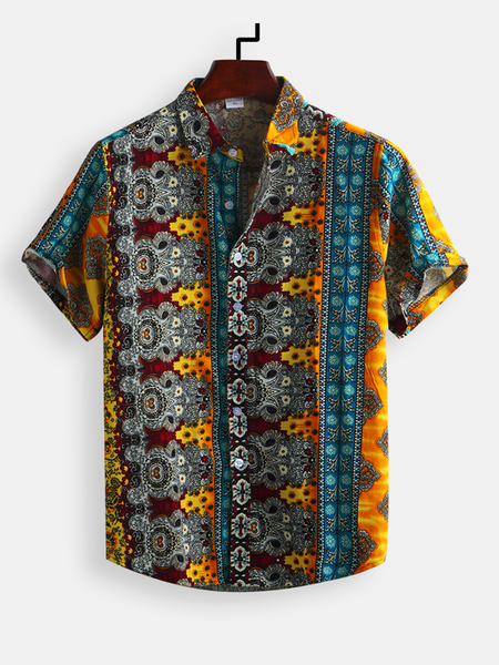 

Men's Printed Patchwork National Style Short Sleeve Cotton Breathable Casual Loose Shirt, Yellow, Men's Tops