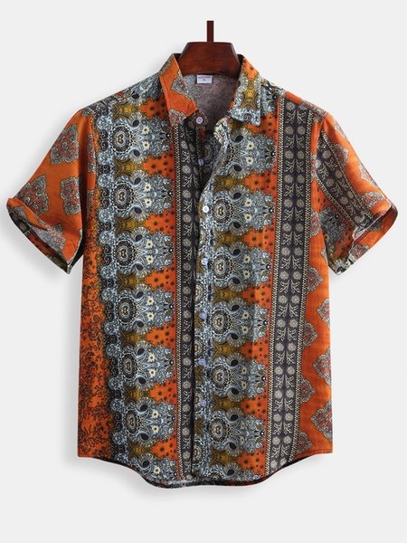 

Men's Hawaiian shirt Printed Patchwork National Style Cotton Breathable Casual Loose, Orange, Men's Floral shirt