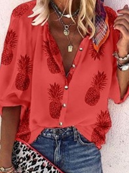 

Zolucky Women Boho Graphic Shift V Neck Plus Size Shirts & Tops, Red, Blouses & Shirts
