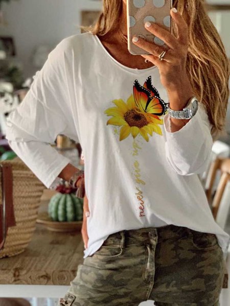 

Floral Cotton Casual O-Neck T-shirt, White, T-shirts