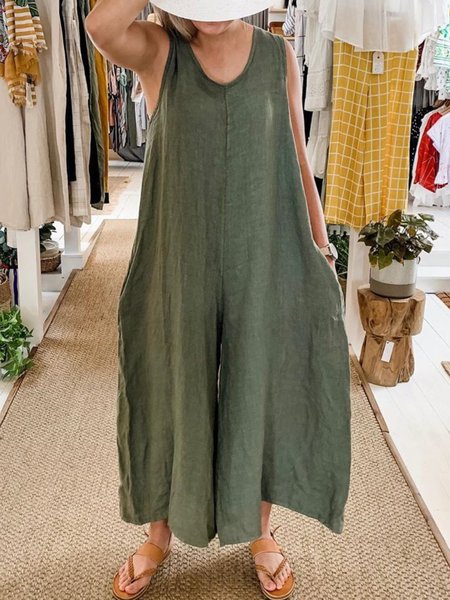 

Green Round Neck Pockets Sleeveless Jumpsuits, Jumpsuits