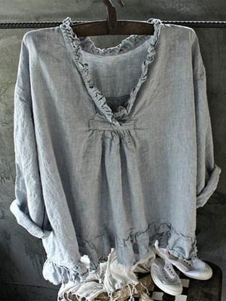 

Vintage Plain Plus Size Long Sleeve V Neck Casual Top, Gray, Blouses & Shirts