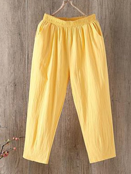 

Women Solid Pockets Elastic Waist Casual Linen Pants, Yellow, Pants