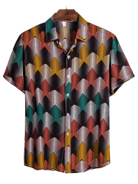 

Photo Color Printed Basic Turn-Down Collar Shirts, Red, Men
