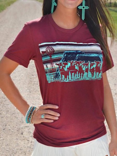 

Casual Cotton-Blend Short Sleeve Printed Tops, Wine red, T-Shirts