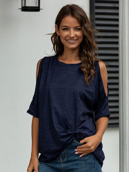 

Crew Neck Solid Cold Shoulder T-Shirt, Purplish blue, Tees