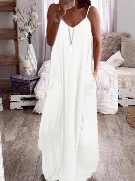 

Casuale Tinta unita senza maniche Spaghetti Tasche Maxi Abito, Bianco, Dresses