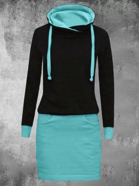 

Abito Colore-block Casuale Felpato con Cappuccio di Misto Cotone, Blu, Casual Dresses