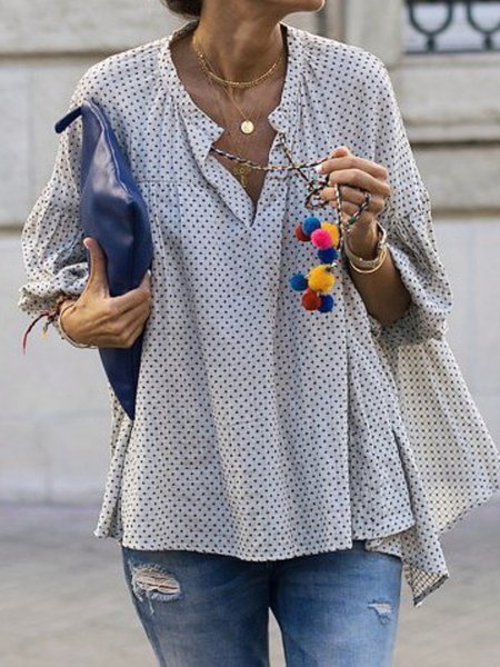 

Camicetta a Pois con Scollo a V Stampato Floreale, Bianco, Blouses & Shirts