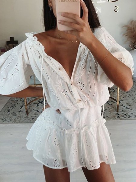 Abito con Scollo a V Incavato Casuale di Cotone, Bianco, Mini Dresses