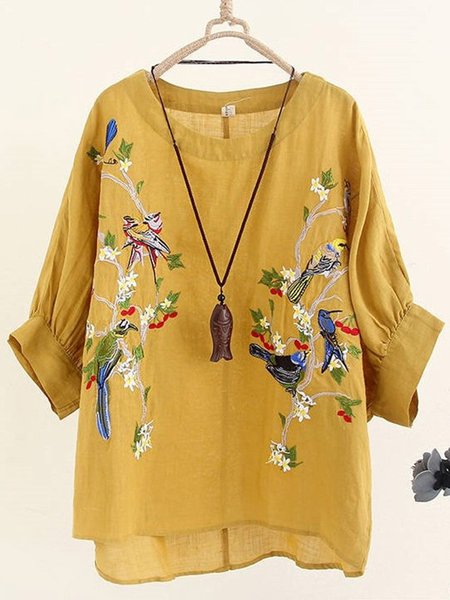

Women Floral Embroidery Half Sleeve Shirts & Tops, Yellow, Auto-Clearance
