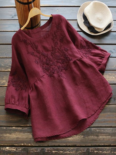 

Women Embroidery Plain Princess Line Half Sleeve T-shirt, Wine red, Tops