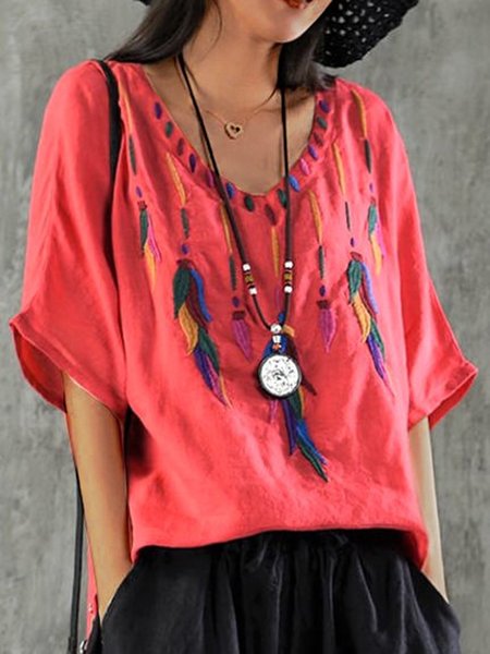 Top con Scollo a V Dritto Casuale, Rosso, T-Shirts