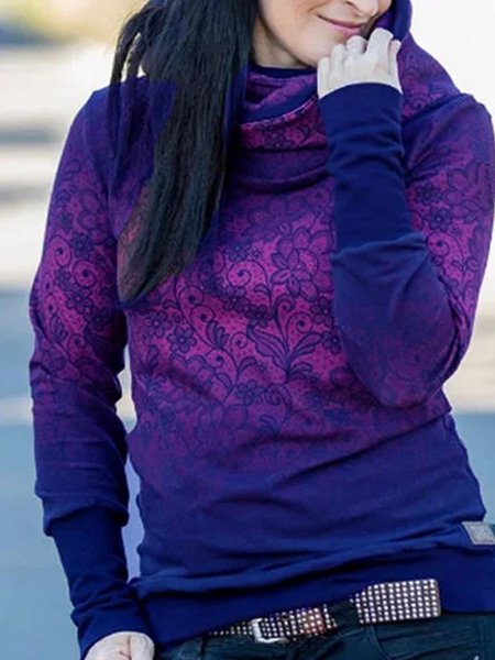 

Plus Size Black Cotton-Blend Geometric Long Sleeve Shirts Tops, Purple, Tops