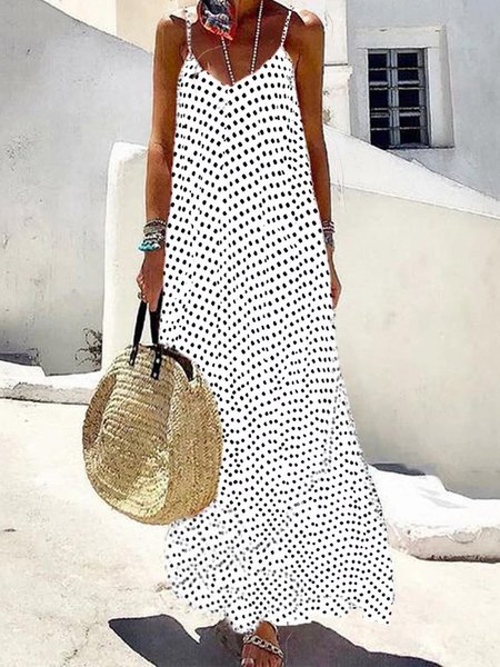 

Polka Dots Casual V-neck Sleeveless Pockets Maxi Dress Vacation Summer Tank Dress, White, Maxi Dresses