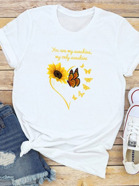 

T-Shirt a Girocollo Girasole, Bianco, Tops