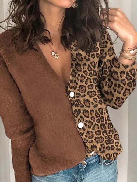 

Coffee Cotton-Blend Casual V Neck Buttoned Sweater, Outerwear
