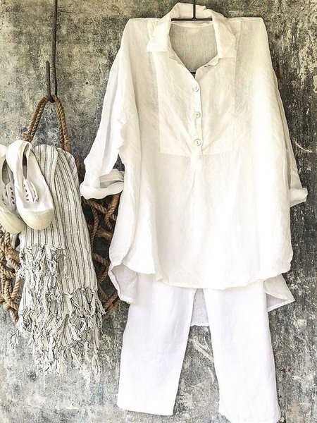 

Vintage Plus Size Plain Long Sleeve Casual Shirts Tops, White, Tops