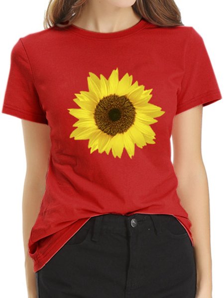 Vintage Short Sleeve Sunflowers Printed Plus Size Casual Tops Red/XL