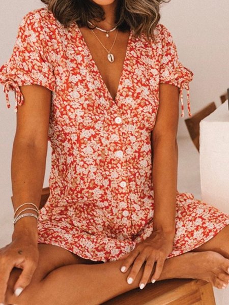 Abito con Scollo a V Dolce di Misto Cotone, Rosso, Dresses