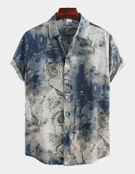 Men's Abstract Printing Short Sleeve Loose Casual Shirts, Blue, Shirts
