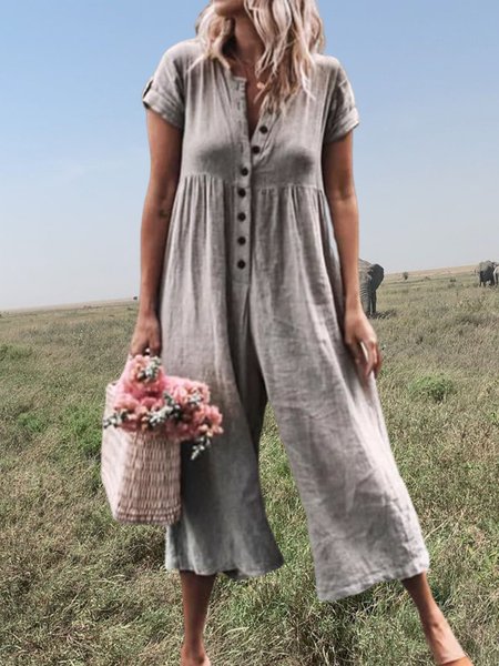 

Solid Short Sleeve Jumpsuits, Grey, Jumpsuits＆Rompers