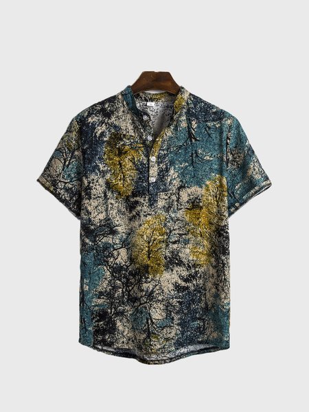 

Summer Season Casual Printed Linen Stand Collar Short Sleeve Men's Shirts & Tops, As picture, Blouses&Shirts