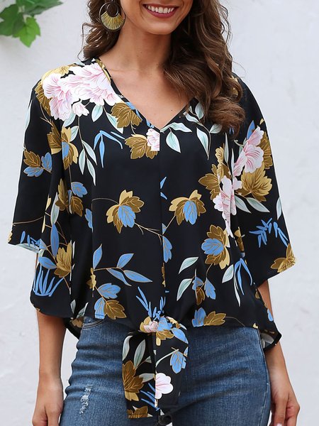 

Lace-Up Holiday 3/4 Sleeve Floral Blouse, Black, Blouses and Shirts