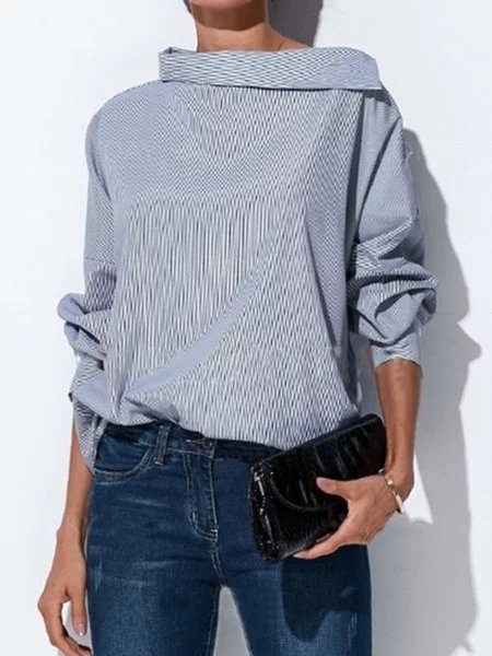 

Top a Striscia Girocollo Casuale a Righe a Maniche Lunghe, Nero, Blouses & Shirts