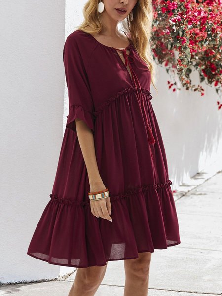 

V Neck Wine Red A-Line Beach Linen Mini Dress, Mini Dresses