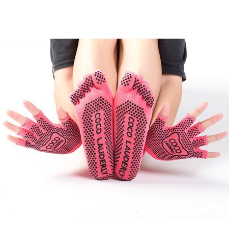 

Yoga non-slip gloves five-finger socks women's set of cotton socks containing cotton sweat - absorbing toe socks, Watermelon red, Home&Garden