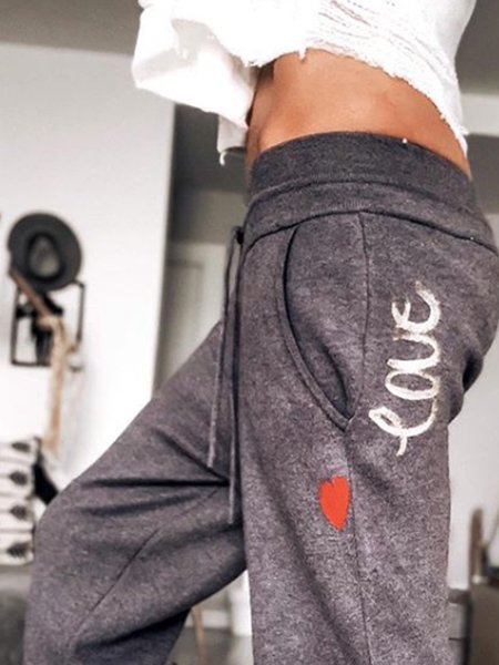 

Gray Drawstring Cotton-Blend Letter Vintage Pants, Pants