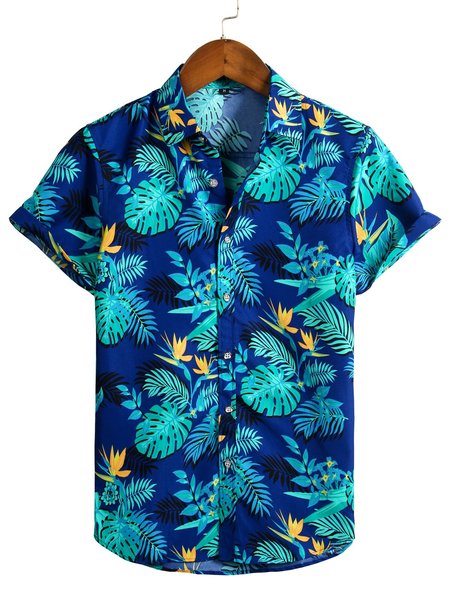 

Summer Casual Beach Printed Floral Elegant Short Sleeve Men's Shirts & Tops, Blue, Men's Top
