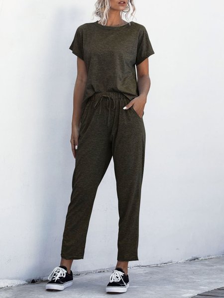 

Pockets Drawstring Casual Top with Pants Set, Army green, Two-piece Set