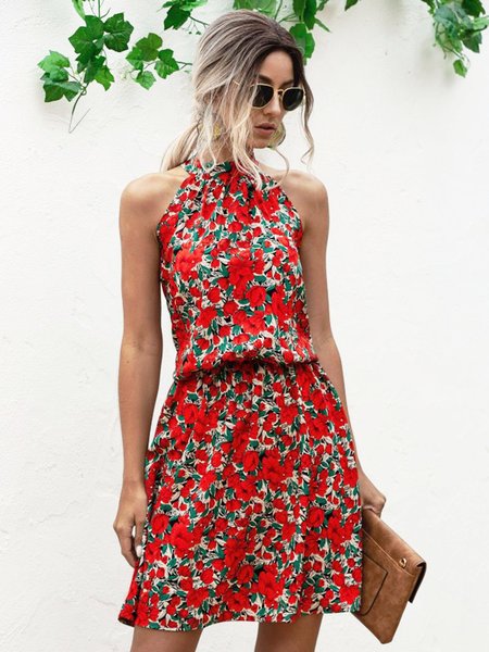 

Floral Printed Boho Holiday Mini Dress, Red, Mini Dresses
