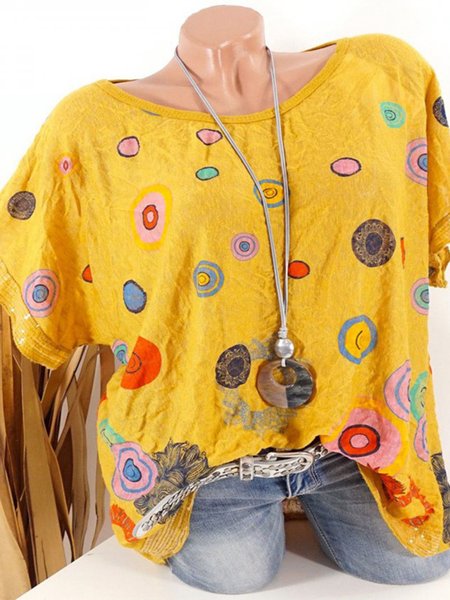 

T-Shirt a Girocollo Stampato, Giallo, Tops